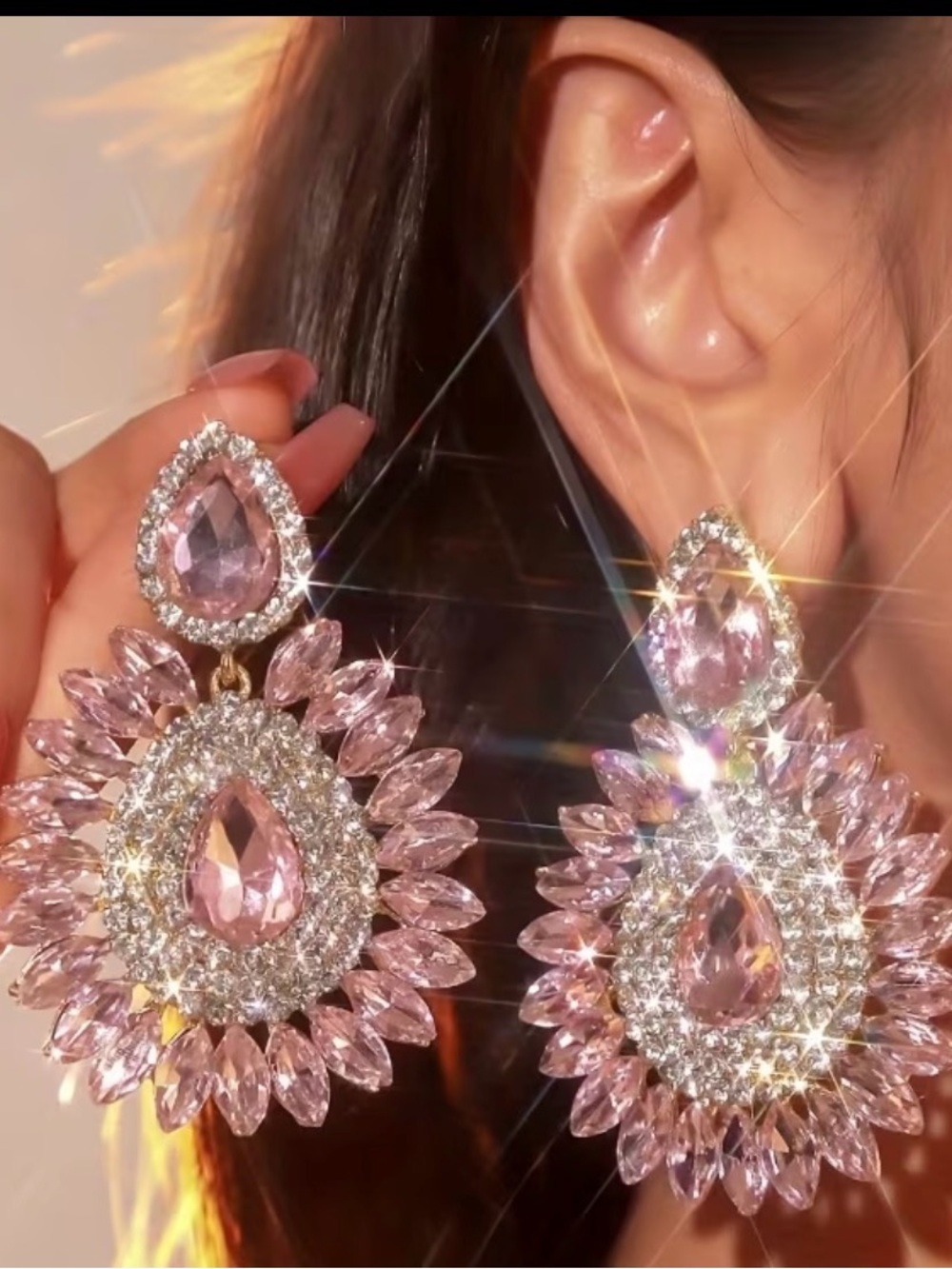 Pink Crystal Teardrop Statement Earrings - Elegant Sparkle